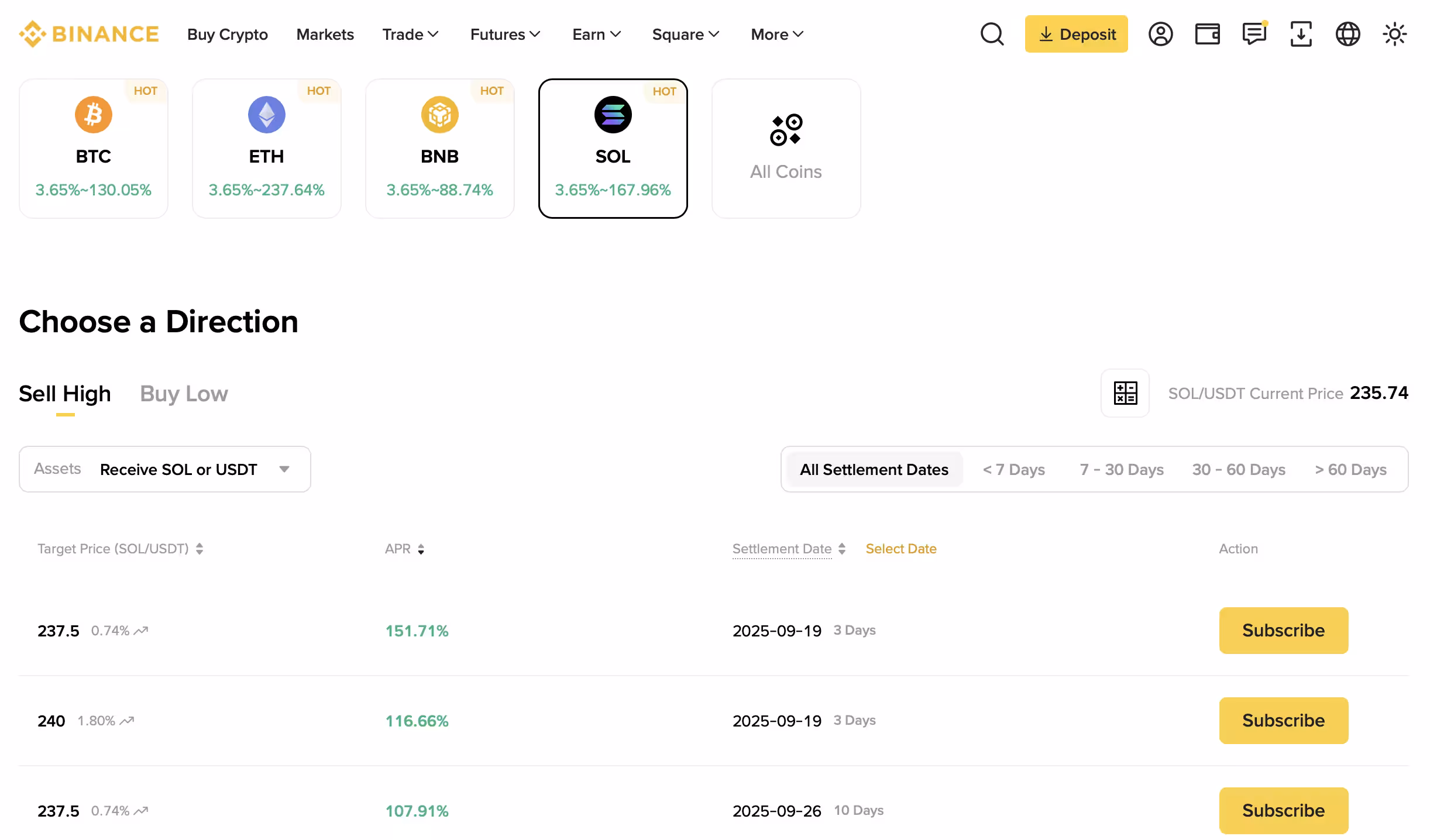 Binance Dual Investment Options for SOL